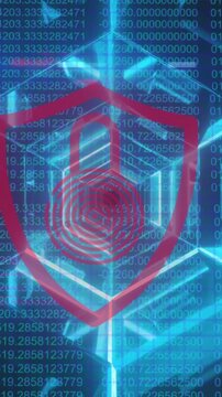 Animation of security padlock icon over blue tunnel in seamless pattern against binary coding