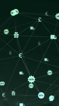 Animation of globe of digital icons spinning against black background