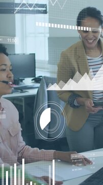 Animation of data processing over diverse business people in office