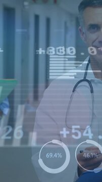 Animation of statistical data processing over diverse male doctor and female health worker
