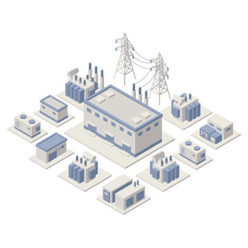 Isometric Industrial Power Plant Complex Illustration.