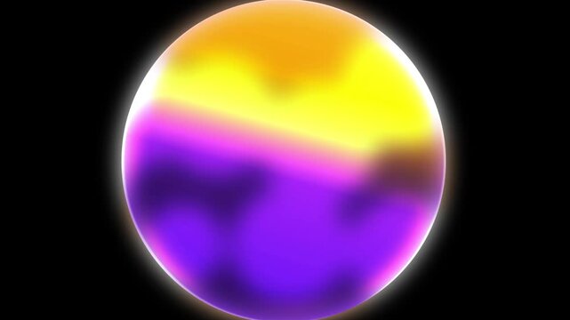 Seamlessly looping motion graphic footage featuring a 3D glowing orb with liquid-like inner gradient motion. The vibrant yellow, magenta, and deep purple colors fluidly morph and shift inside a transl