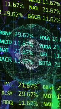 Animation of financial data processing over globe and connections
