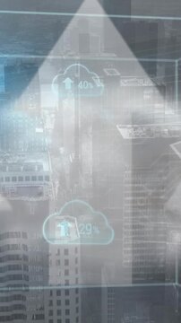 Animation of clouds with percent and data processing over cityscape