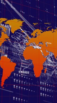 Animation of world map over interface with data processing against blue background