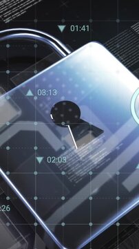 Animation of digital icons and data processing over security padlock icon against grey background