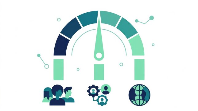 Fairness meter shows balance in governance of artificial intelligence with symbols for people, technology, and global impact taking center stage.