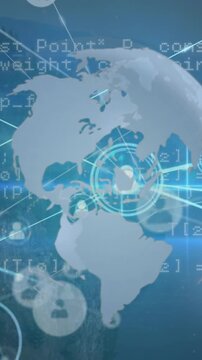Animation of network of profile icons and data processing over spinning globe against light trails