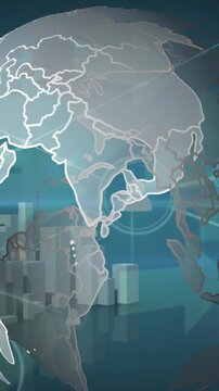 Animation of network of profile icons over spinning globe against 3d city model and light trails