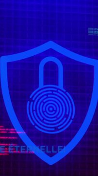 Animation of padlock icon over data processing on blue background