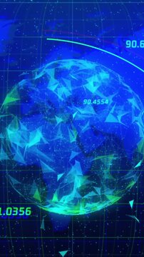 Animation of globe of plexus networks spinning over world map against blue background
