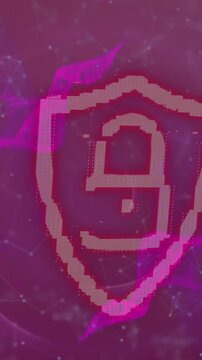 Animation of security padlock icon, digital wave and network of connections on purple background