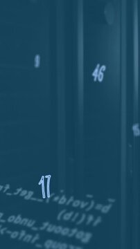 Animation of computer language and numbers over data server racks