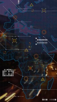 Animation of world map, data processing over cityscape