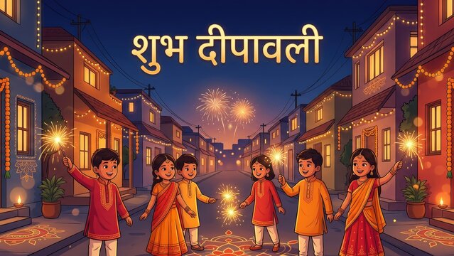 Diwali Children with Sparklers &ndash; Festive Indian Street Celebration