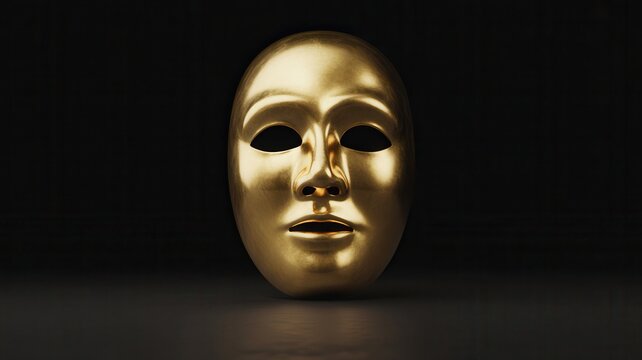 Golden human face mask on black background