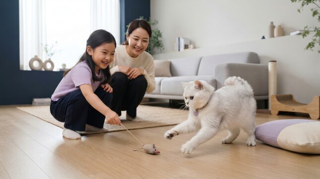 Playtime with Furry Friend: A mother and daughter engage in a playful moment with their beloved white cat, enjoying a heartwarming bonding experience in their cozy living room.