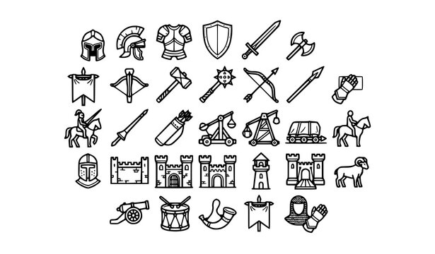 Medieval Warfare and Fortress Line Icon Set with Knight Armor Barbute Sword Shield and Siege Weapons