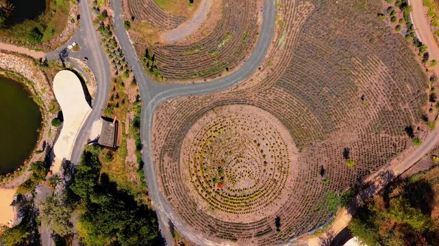 Aerial Top Down View of Starry Night Resort Spiral Garden and Paths Near Visoko Bosnia
