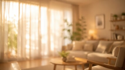 Fototapeta premium Softly blurred living room interior featuring a cozy sofa and wooden coffee table. Warm sunlight streams through sheer curtains, creating a peaceful atmosphere in this home space.