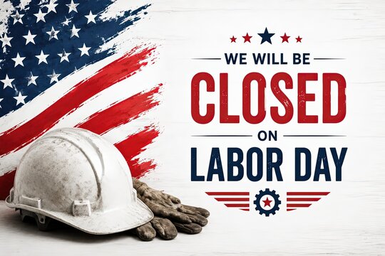 Labor day holiday closure announcement sign with american flag, hard hat, and work gloves