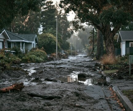 quiet residential street covered with thick mud and debris after flash flooding, damaged gardens, scattered branches and wet pavement