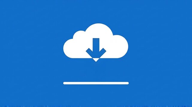Minimalist Cloud Download Animation with Down Arrow Dropping on Line on Blue Background
