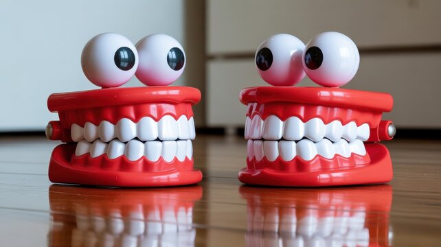 Two wind-up teeth toys with googly eyes on wood floor