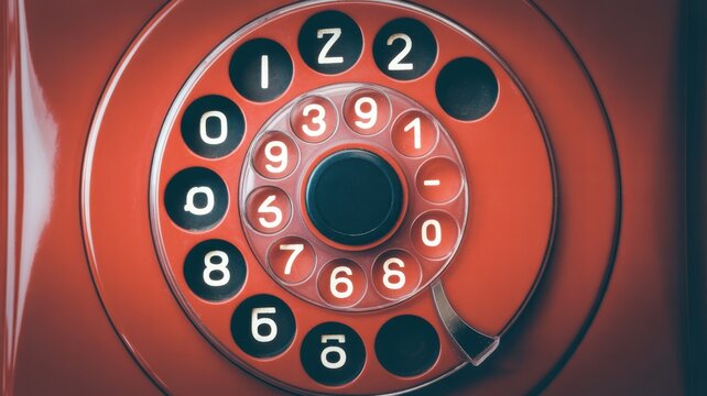 Classic red rotary phone dial close-up.