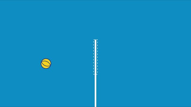 Minimalist volleyball serve animation: yellow ball moving over net on blue 4k background, sport motion