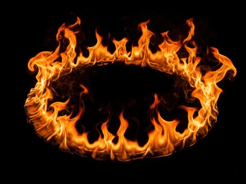 Fiery circle of bright burning flames isolated on a dark black background with fire ring