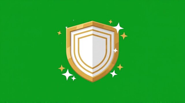 Golden Shield Security Badge Pop-Up Animation with Star Burst Effect on Green Screen Chroma Key Background
