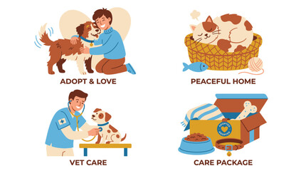 Fototapeta premium Adoption Pet Dog Rescue Veterinary Care Puppy Shelter Animal Clinic Examine Home Domestic Kindness Vector Illustration