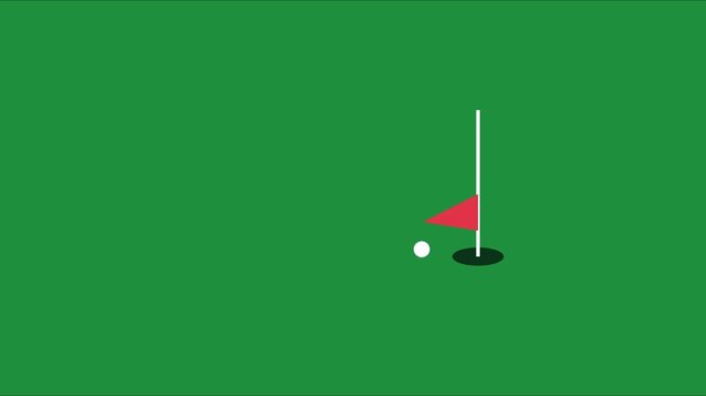 Golf ball rolling into hole on green with red flag animation 4k