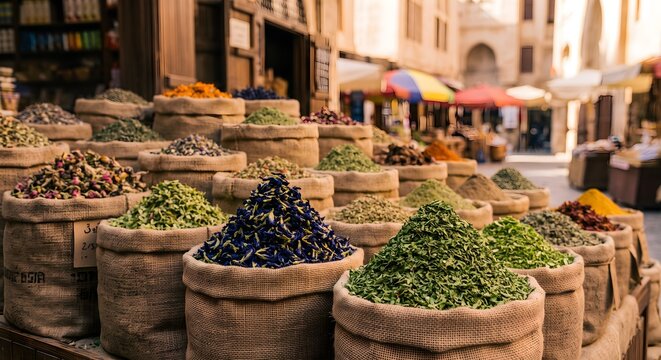 Street Level View of Open Air Market Stall Displaying Rows of Sacks Packed with Botanicals