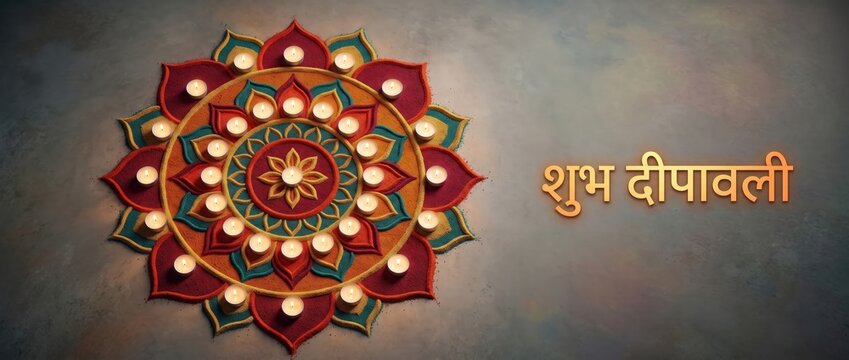 Diwali Rangoli with Candles &ndash; Aerial Mandala Greeting