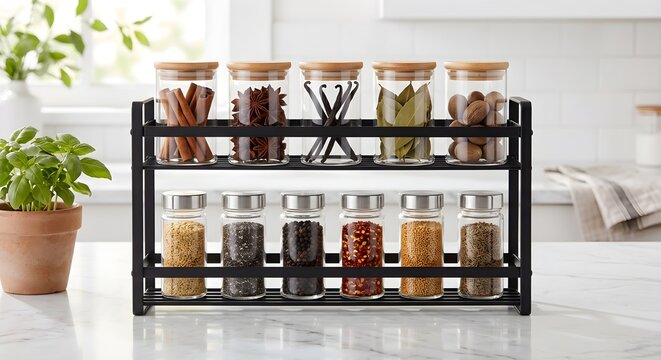 Modern Black Metal Spice Rack with Glass Jars Filled with Various Spices in Bright Kitchen Setting