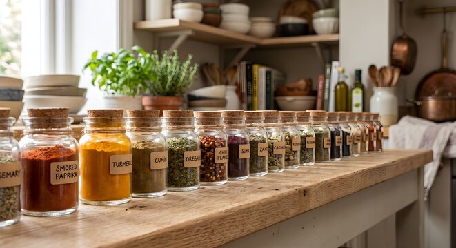 Neat Row of Glass Spice Jars with Custom Labels Resting on Wooden Bench in Bright Kitchen