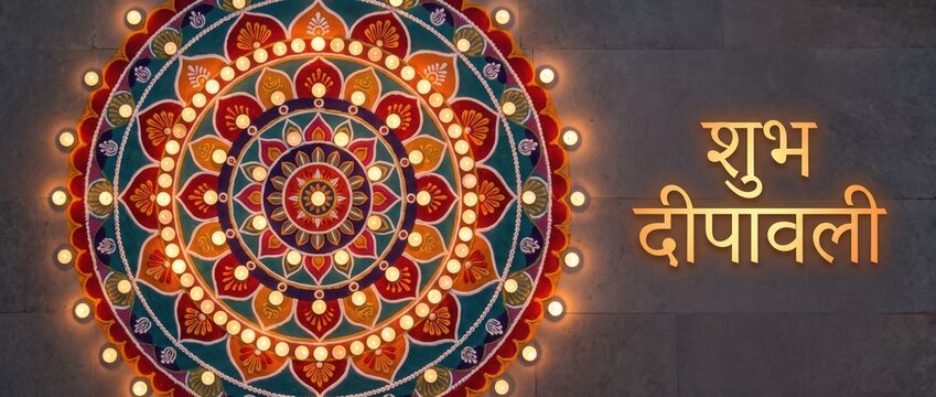 Diwali Rangoli with Candles &ndash; Aerial Mandala Greeting
