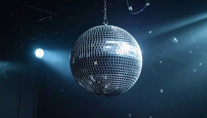 Obraz premium Rotating Silver Disco Ball with Blue Stage Lights and Sparkling Reflections