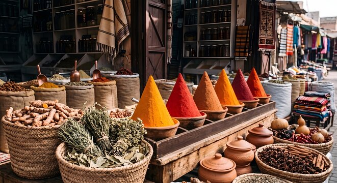 Traditional Market Stall Displaying Bright Conical Piles of Powdered Spices in Clay Bowls and Woven Baskets