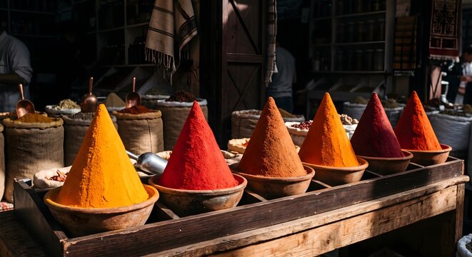 Close Up View of Vibrant Conical Spice Pyramids Displayed on Wooden Counter at Outdoor Market