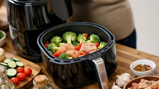 Hands placing seasoned chicken and fresh vegetables into an air fryer basket. healthy home cooking preparation for a quick roasted meal.