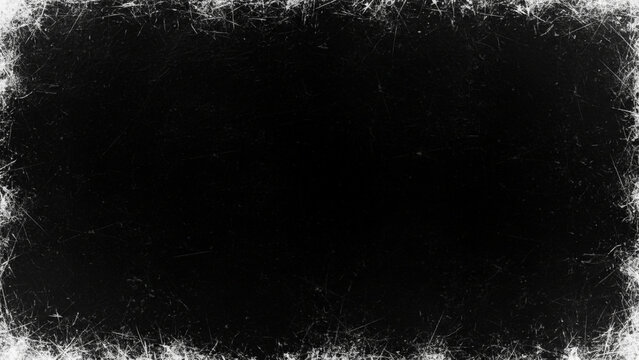 Black grunge texture border background abstract dark scratched surface with white distressed edge and rough frame