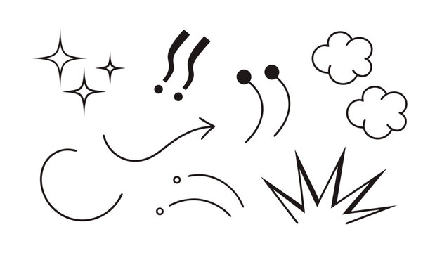 Hand drawn graphic elements with sparkles exclamation marks quotation marks clouds and action lines on white background