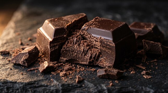 Close up of rich dark chocolate bar broken chunks and cocoa shavings on dark stone texture