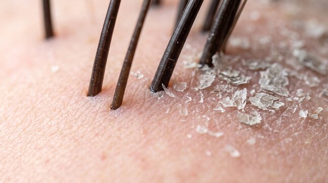 Macro view of human scalp with dandruff flakes and dark hair strands for dermatology study.