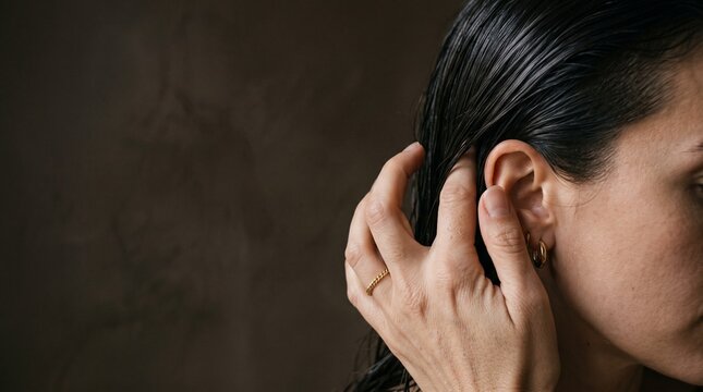 Woman tucking wet hair behind ear, close up portrait of skincare and beauty routine.