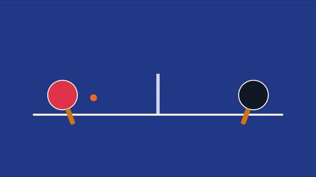 Minimalist table tennis animation with red and 4k black paddles playing ping pong ball on blue background