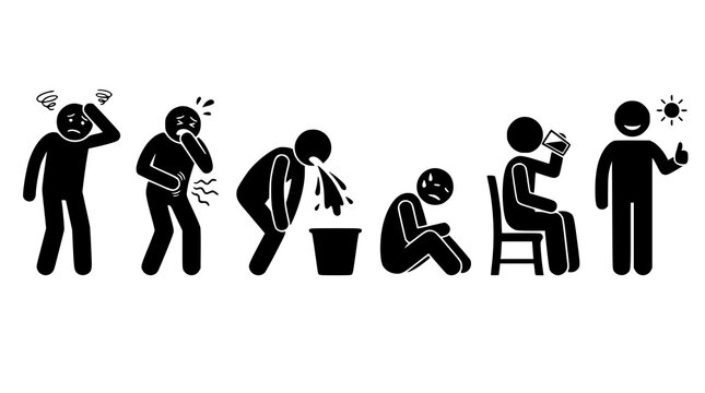 Sick Stick Figure Icon Set with Headache, Vomiting, Sad Depressed Person, Sitting and Taking Medicine Vector Icons